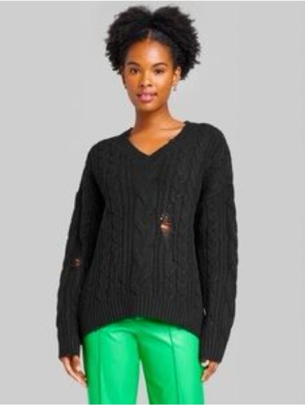 Wild Fable Black Distressed V-Neck Cable Knit Women's Sweater